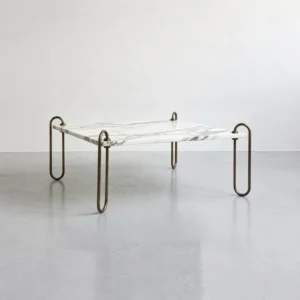 Rectangular Marble Coffee Table on Looped Brass Legs, 110 cm in ivory — front view