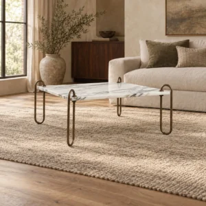 Rectangular Marble Coffee Table on Looped Brass Legs, 110 cm in ivory — in a room setting