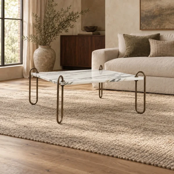 Rectangular Marble Coffee Table on Looped Brass Legs, 110 cm in ivory — in a room setting