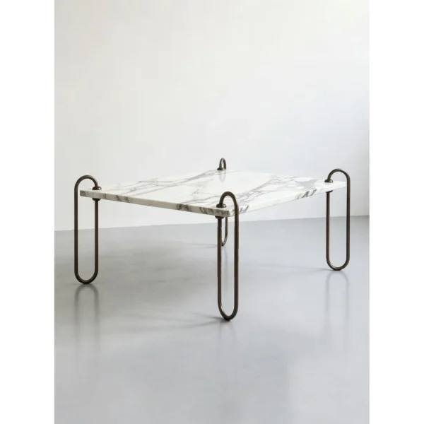 Rectangular Marble Coffee Table on Looped Brass Legs, 110 cm in ivory — in a room setting