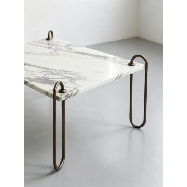 Rectangular Marble Coffee Table on Looped Brass Legs, 110 cm in ivory — in a room setting