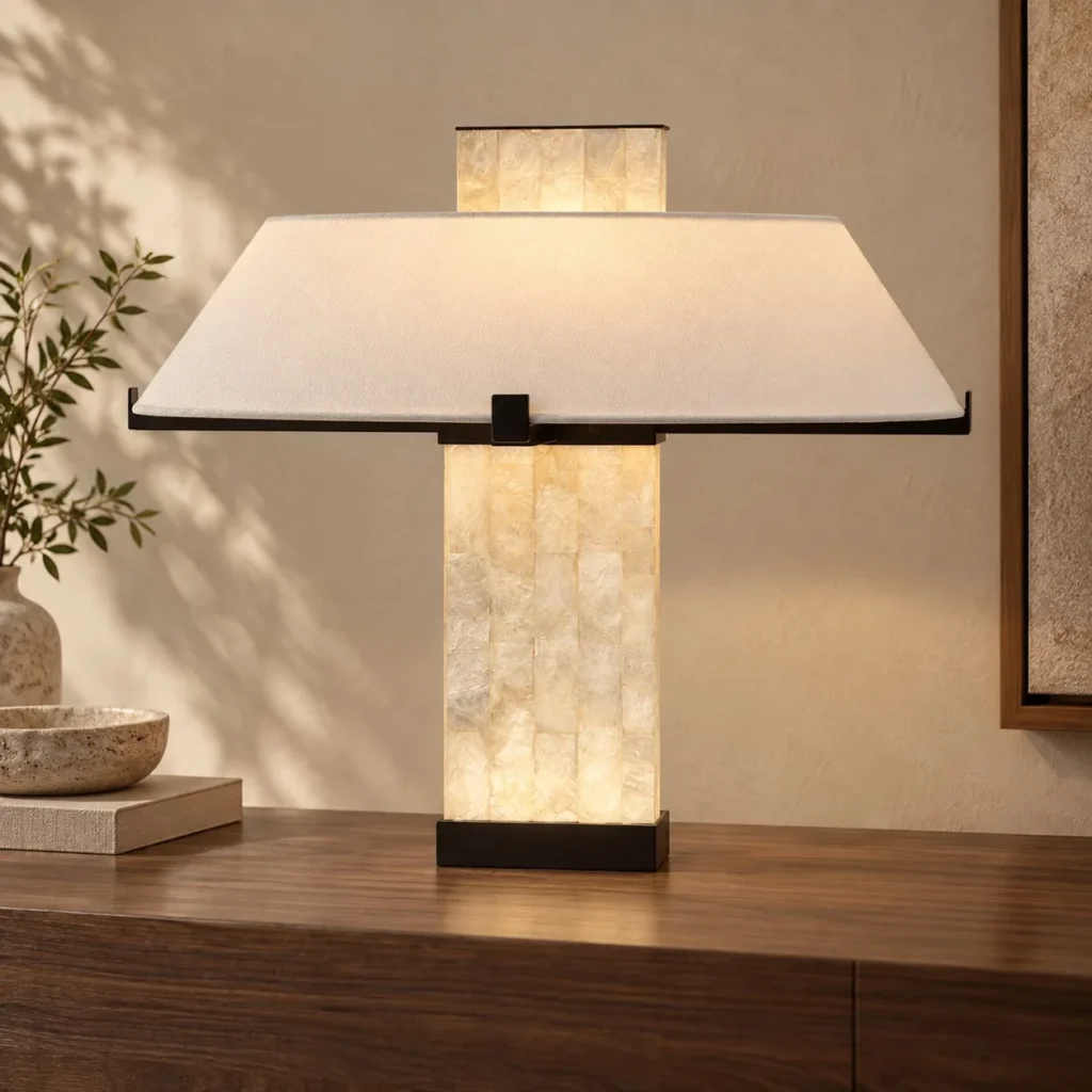 Capiz Shell Column Table Lamp with Wide Fabric Shade in oatmeal — front view