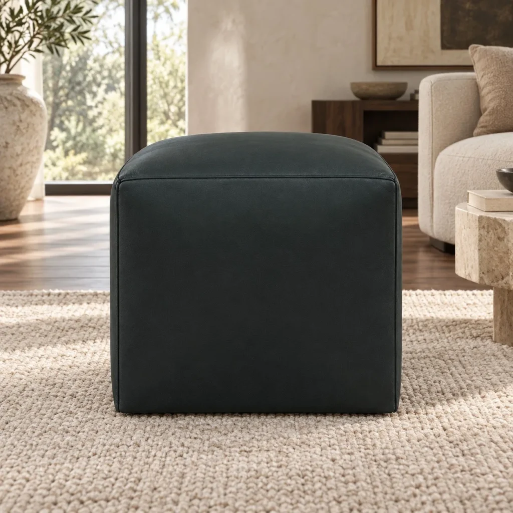 Dark Green Leather Cube Ottoman, 40 x 40 x 45 cm in olive — front view