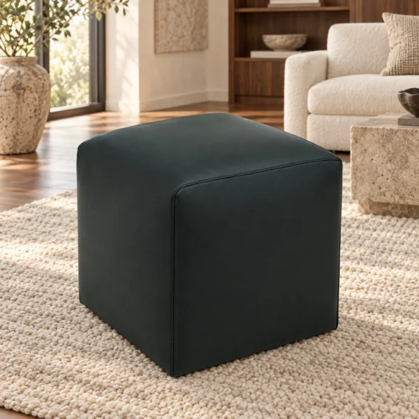 Dark Green Leather Cube Ottoman, 40 x 40 x 45 cm in olive — in a room setting