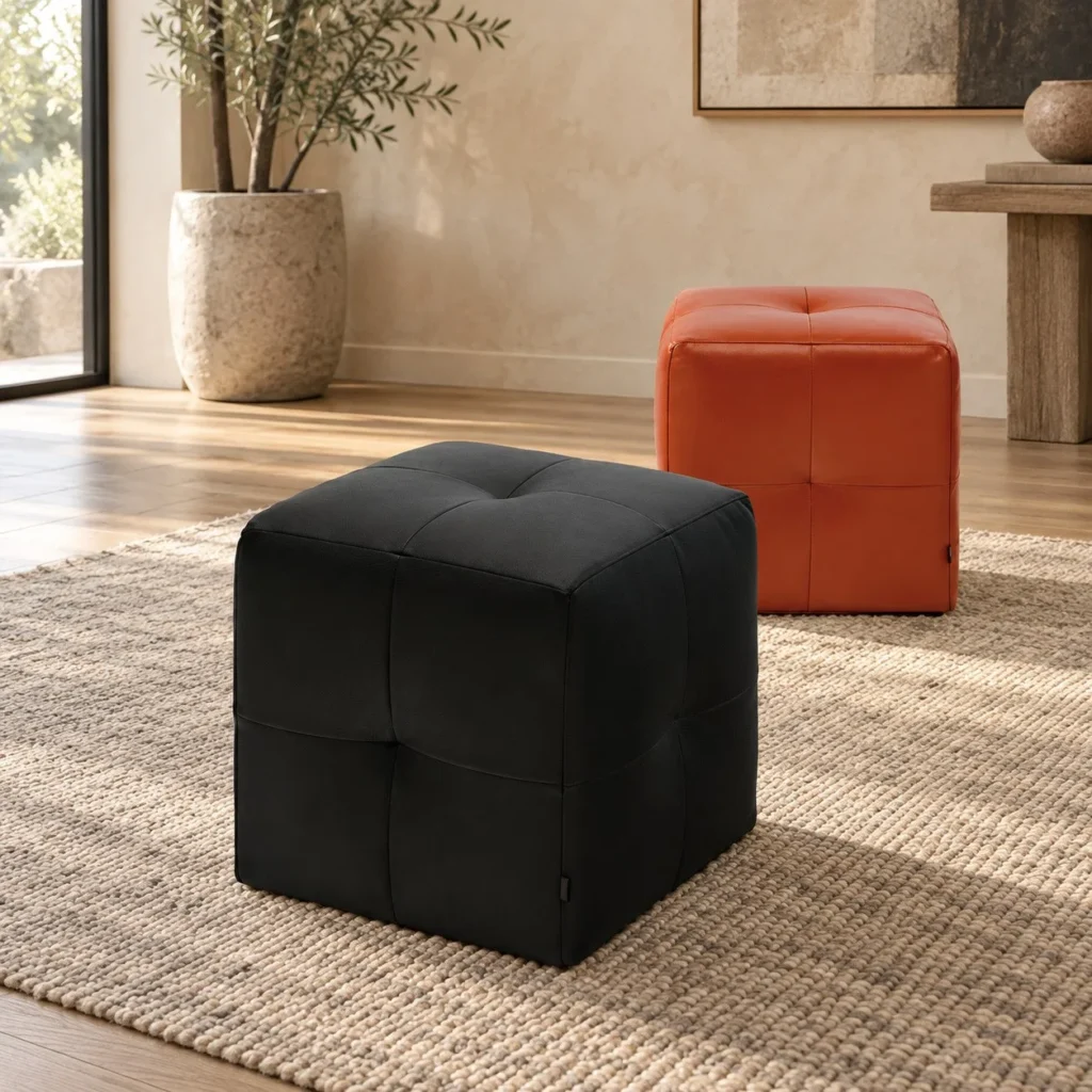 Black Leather Panelled Cube Ottoman, 40 x 40 x 45 cm in black — front view