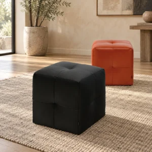 Black Leather Panelled Cube Ottoman, 40 x 40 x 45 cm in black — front view