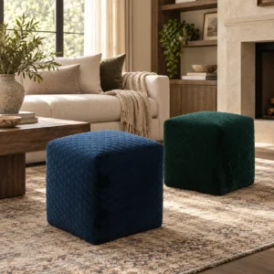 Quilted Velvet Cube Ottoman in blue — front view