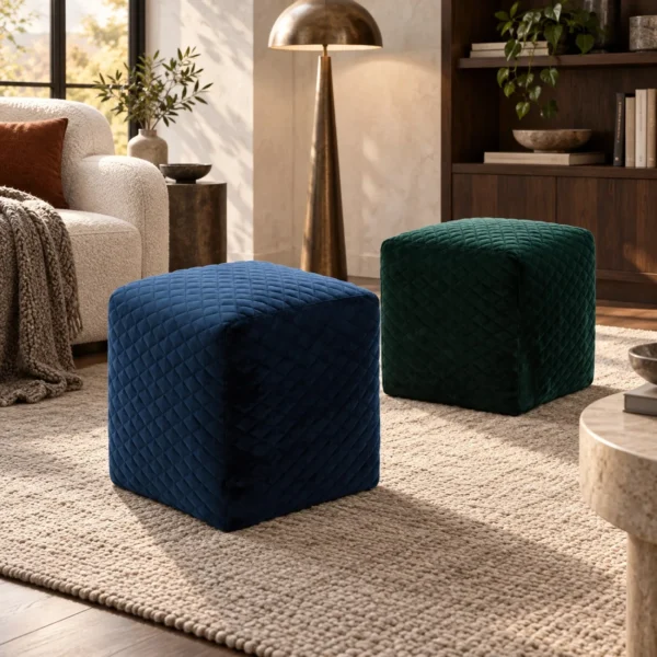 Quilted Velvet Cube Ottoman in blue — in a room setting