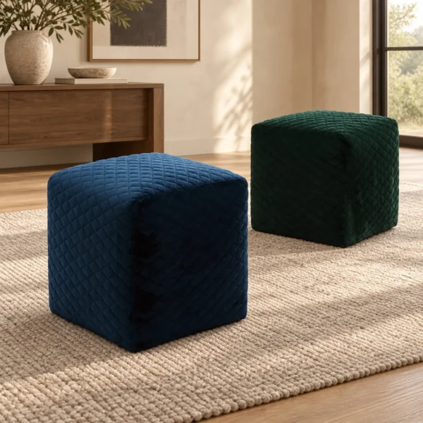 Quilted Velvet Cube Ottoman in blue — in a room setting