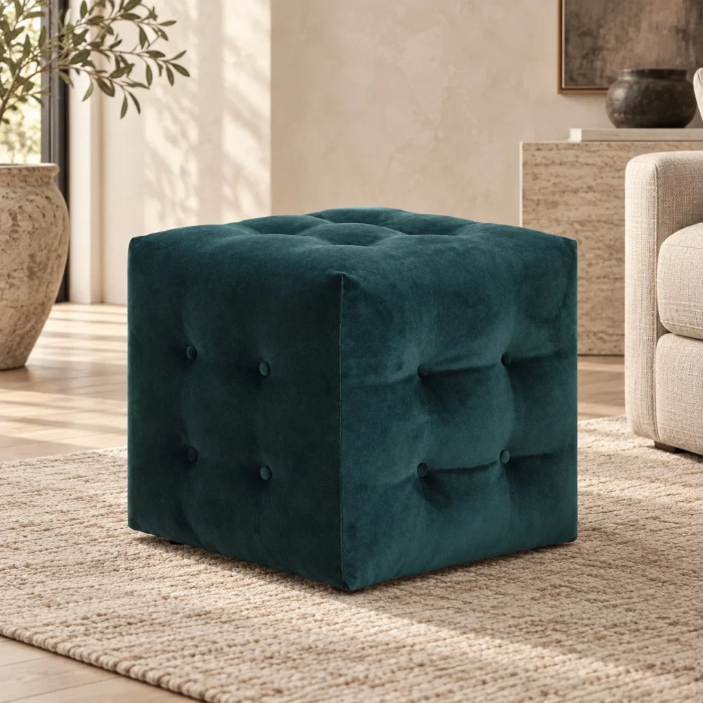 Teal Tufted Velvet Cube Ottoman, 40 x 40 x 41.5 cm in blue — front view