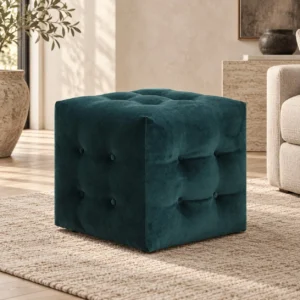 Teal Tufted Velvet Cube Ottoman, 40 x 40 x 41.5 cm in blue — front view