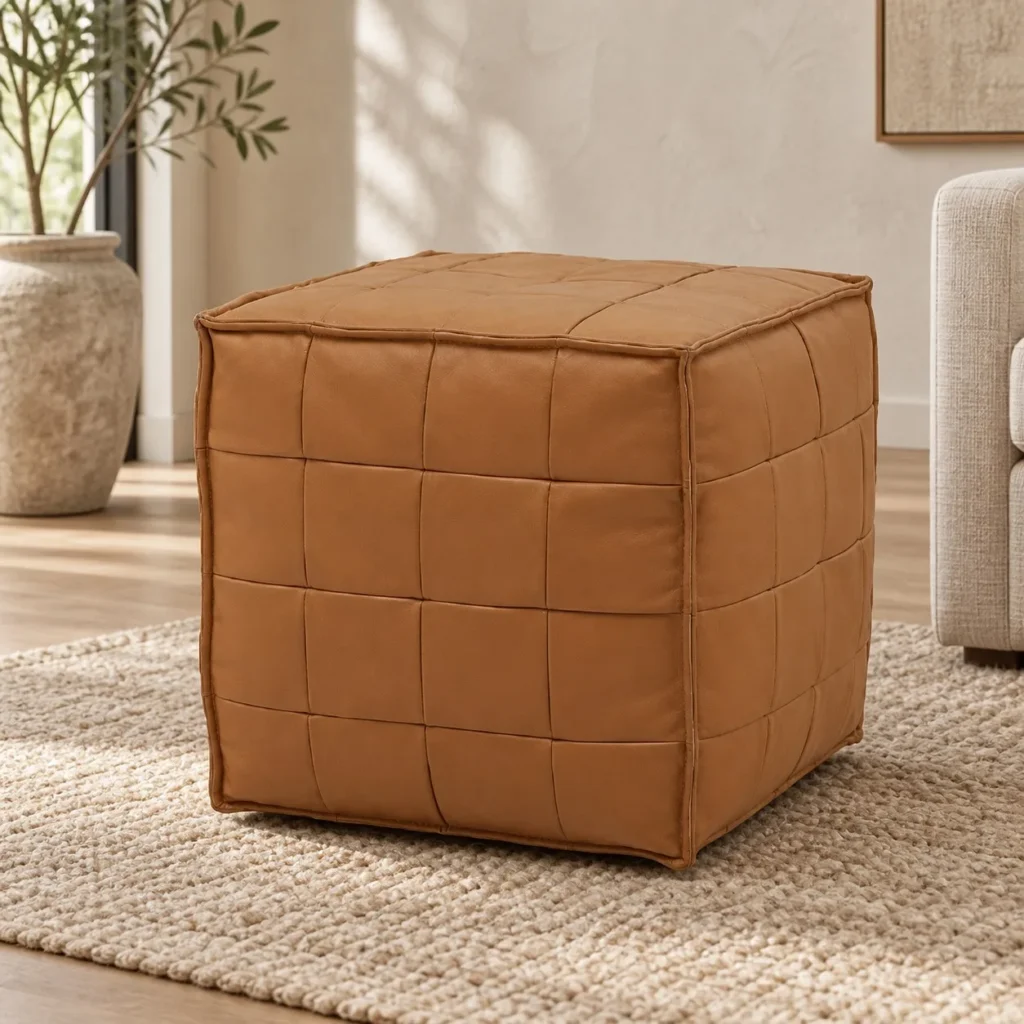 Tan Leather Patchwork Cube Ottoman, 45 x 45 x 43 cm in clay — front view