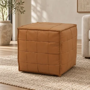 Tan Leather Patchwork Cube Ottoman, 45 x 45 x 43 cm in clay — front view
