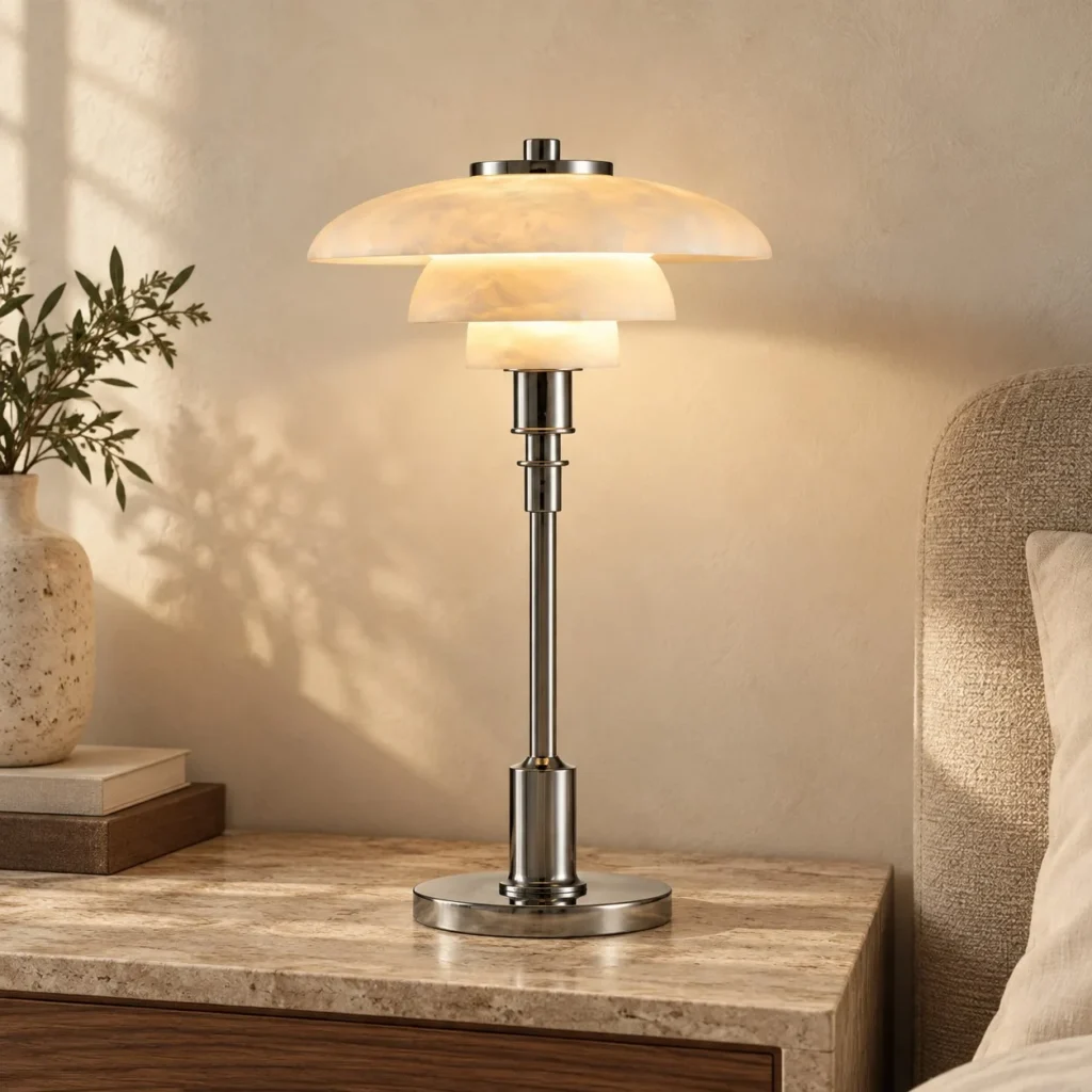 Stacked Alabaster-Look Mushroom Table Lamp on Chrome Stem in oatmeal — front view