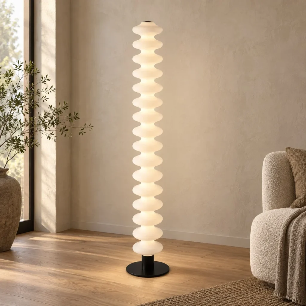 Stacked White Pebble Column Floor Lamp in ivory — front view
