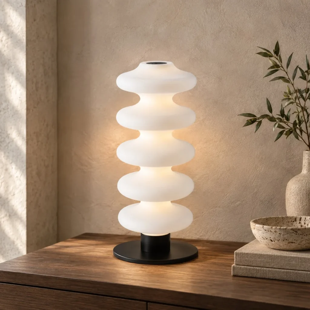 Stacked White Pebble Glass Table Lamp in ivory — front view