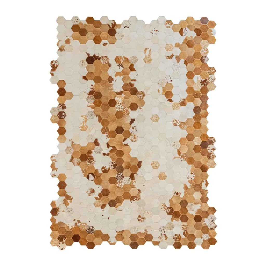 Stain-Resistant Hexagon Cowhide Rug in Caramel and Cream — front view