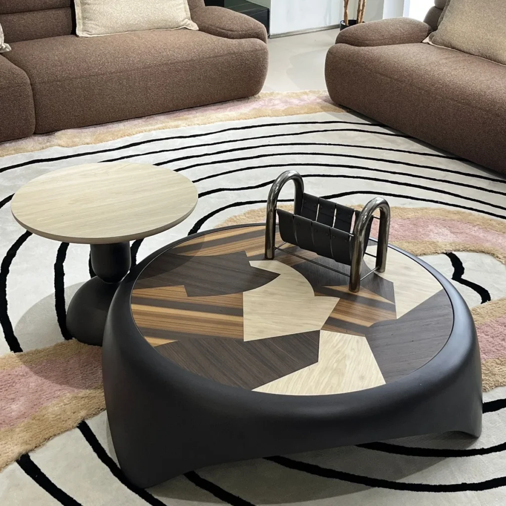 Starry Black Round Coffee Table Pair with Marquetry Top in black — front view
