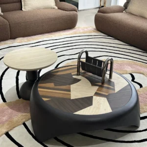 Starry Black Round Coffee Table Pair with Marquetry Top in black — front view