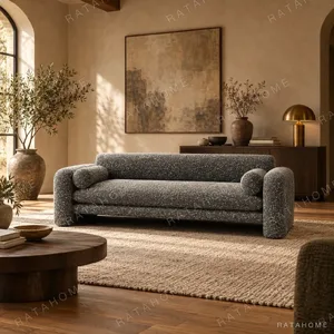 Starry Grey Bouclé Loveseat with Rolled Arms in slate — in a room setting