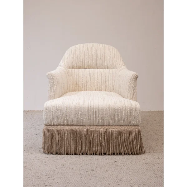 Fringed Cotton-Linen Slipper Chair in oatmeal — in a room setting