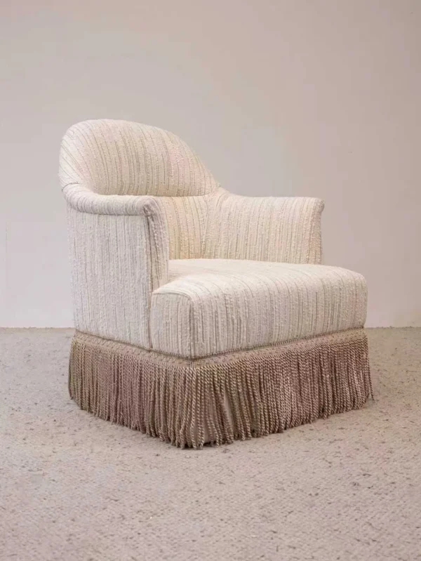 Fringed Cotton-Linen Slipper Chair in oatmeal — in a room setting