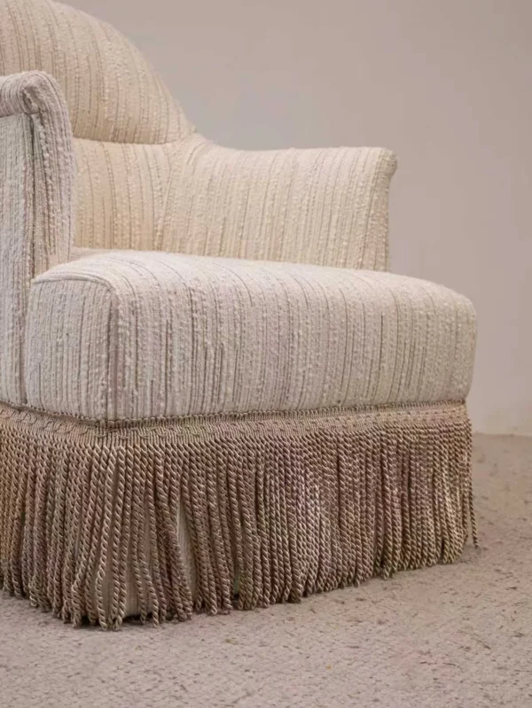 Fringed Cotton-Linen Slipper Chair in oatmeal — detail