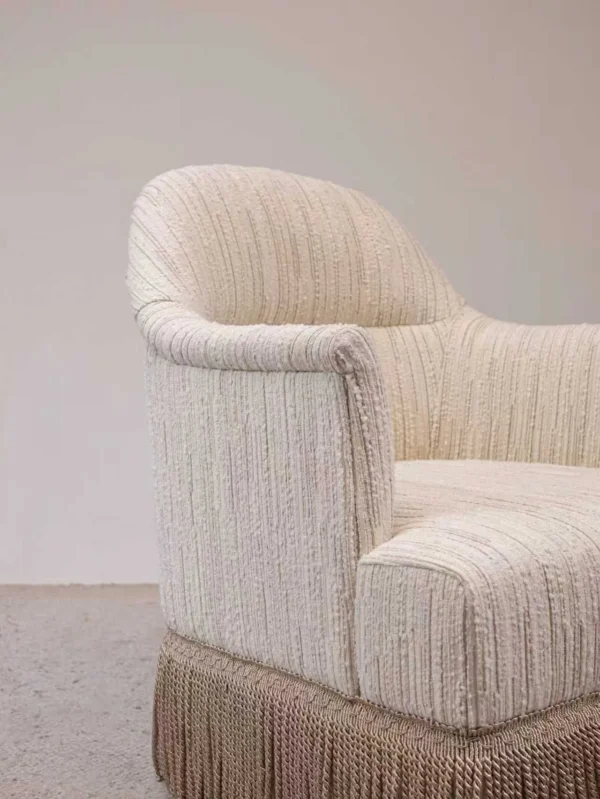Fringed Cotton-Linen Slipper Chair in oatmeal — detail