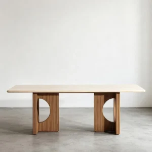 Solid Wood Dining Table with Arched Cut-Out Bases in natural oak — front view