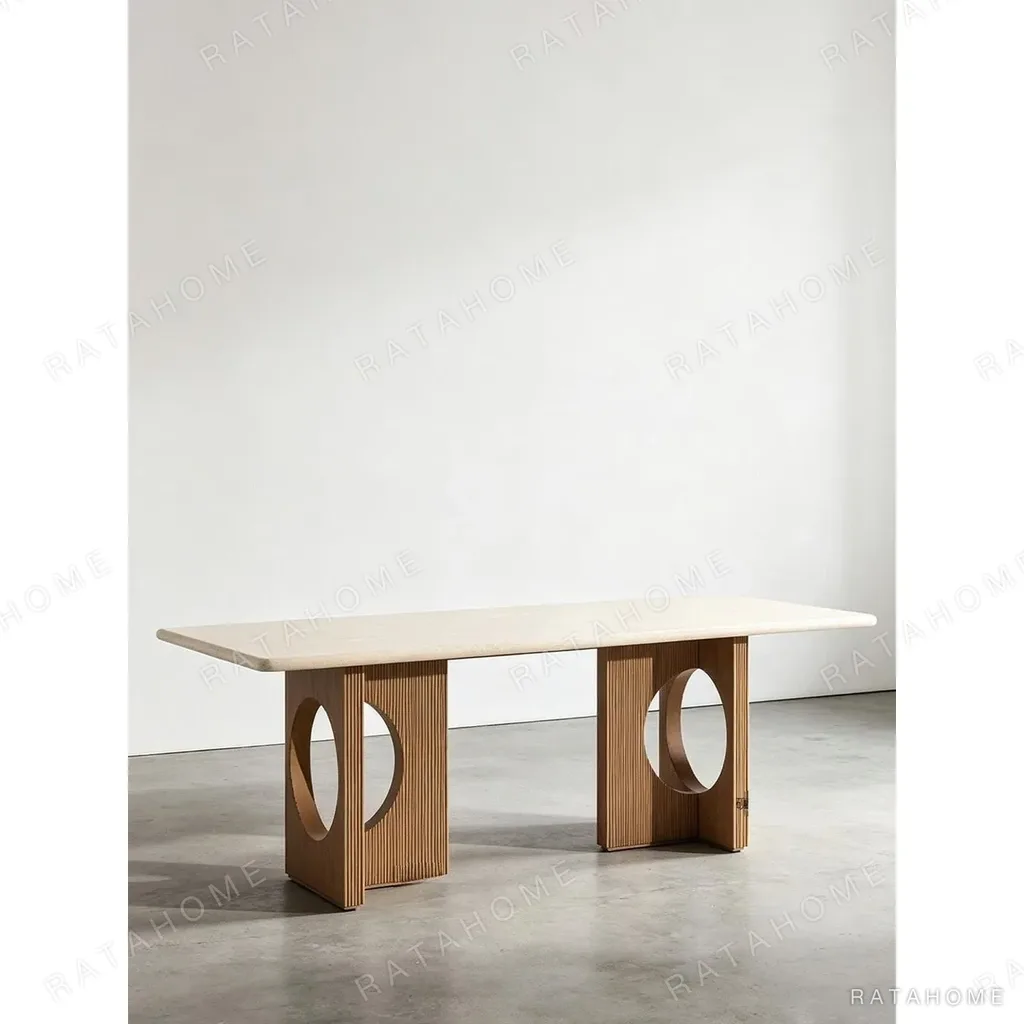 Solid Wood Dining Table with Arched Cut-Out Bases in natural oak — in a room setting