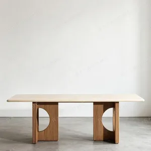 Solid Wood Dining Table with Arched Cut-Out Bases in natural oak — in a room setting