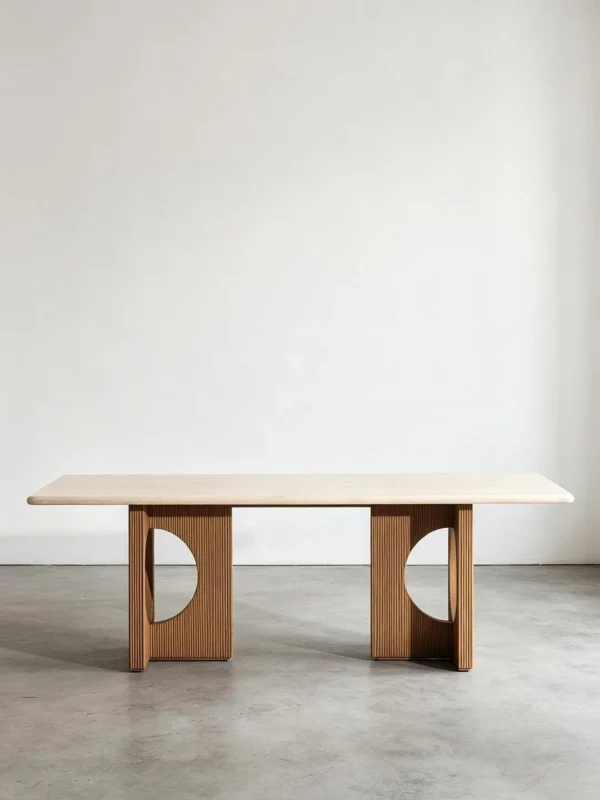 Solid Wood Dining Table with Arched Cut-Out Bases in natural oak — in a room setting