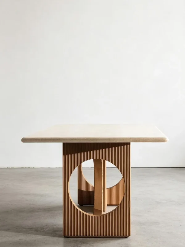 Solid Wood Dining Table with Arched Cut-Out Bases in natural oak — in a room setting