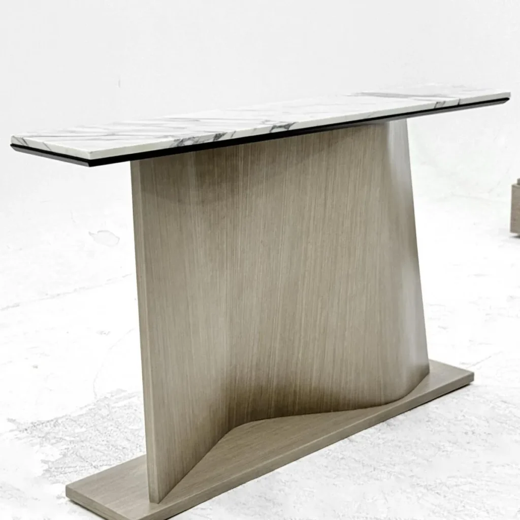 White Marble Console on Sculpted S-Curve Wood Base in ivory — front view