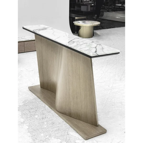 White Marble Console on Sculpted S-Curve Wood Base in ivory — in a room setting
