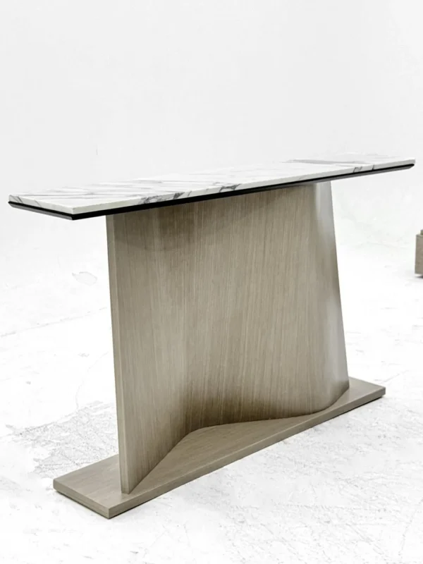 White Marble Console on Sculpted S-Curve Wood Base in ivory — in a room setting