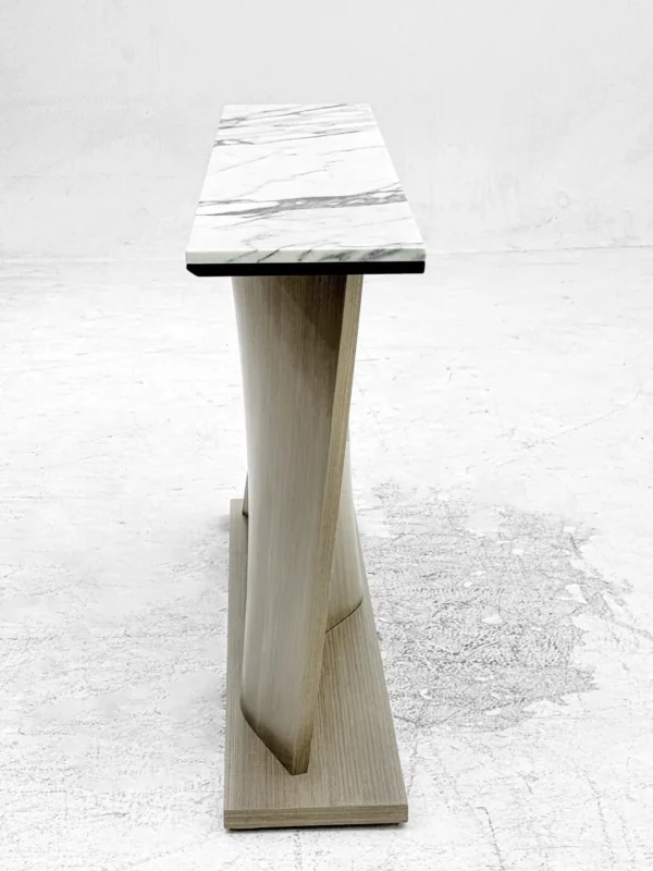 White Marble Console on Sculpted S-Curve Wood Base in ivory — in a room setting