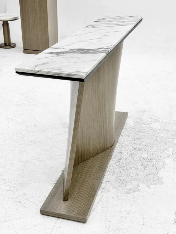 White Marble Console on Sculpted S-Curve Wood Base in ivory — in a room setting