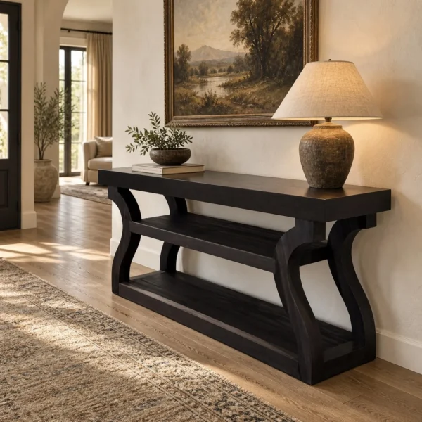 Volu Black Wood Console with Sculpted Side Supports in black — in a room setting