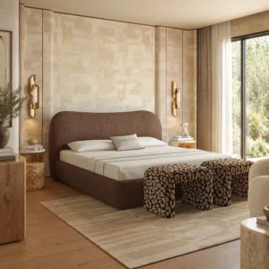 Smile-Curve Headboard Bed in Maillard Brown Linen — front view