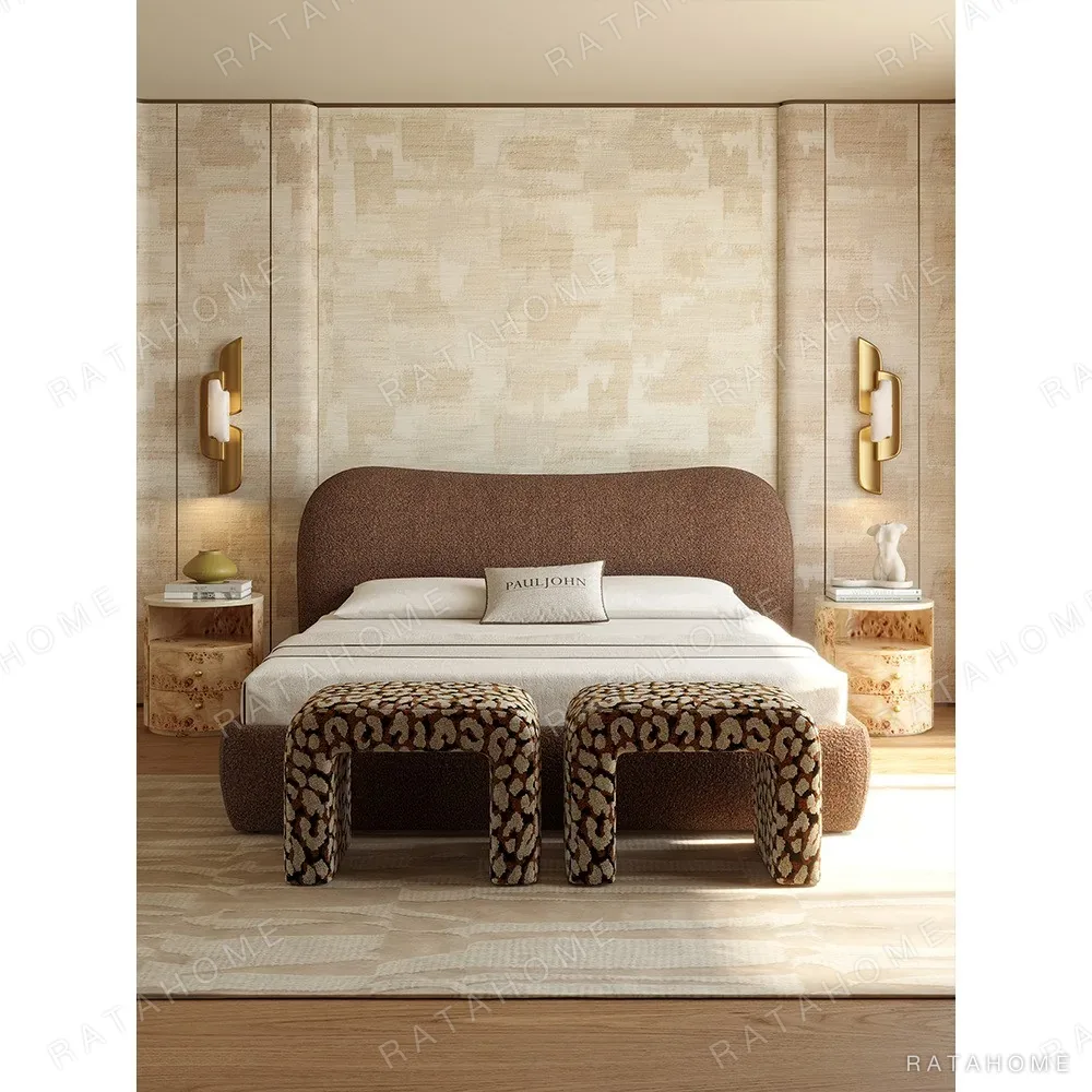 Smile-Curve Headboard Bed in Maillard Brown Linen — in a room setting