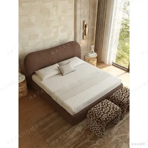 Smile-Curve Headboard Bed in Maillard Brown Linen — in a room setting