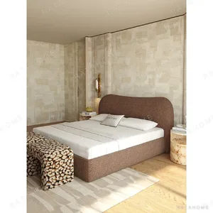 Smile-Curve Headboard Bed in Maillard Brown Linen — in a room setting