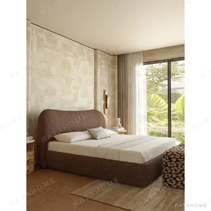 Smile-Curve Headboard Bed in Maillard Brown Linen — in a room setting