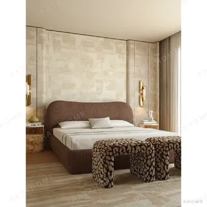 Smile-Curve Headboard Bed in Maillard Brown Linen — in a room setting