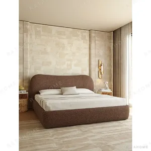 Smile-Curve Headboard Bed in Maillard Brown Linen — in a room setting