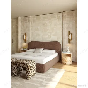 Smile-Curve Headboard Bed in Maillard Brown Linen — in a room setting
