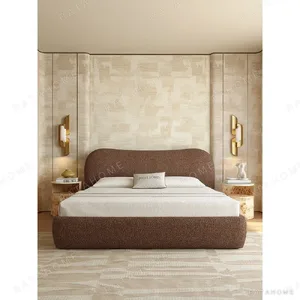 Smile-Curve Headboard Bed in Maillard Brown Linen — in a room setting