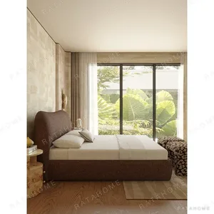 Smile-Curve Headboard Bed in Maillard Brown Linen — in a room setting