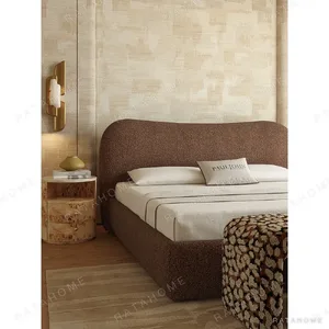 Smile-Curve Headboard Bed in Maillard Brown Linen — in a room setting